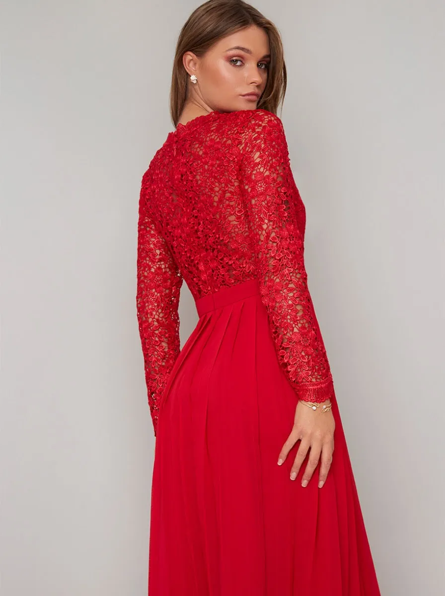 Lace Bodice Long Sleeve Midi Dress in Red sold by Chi Chi London product image thumbnail 4
