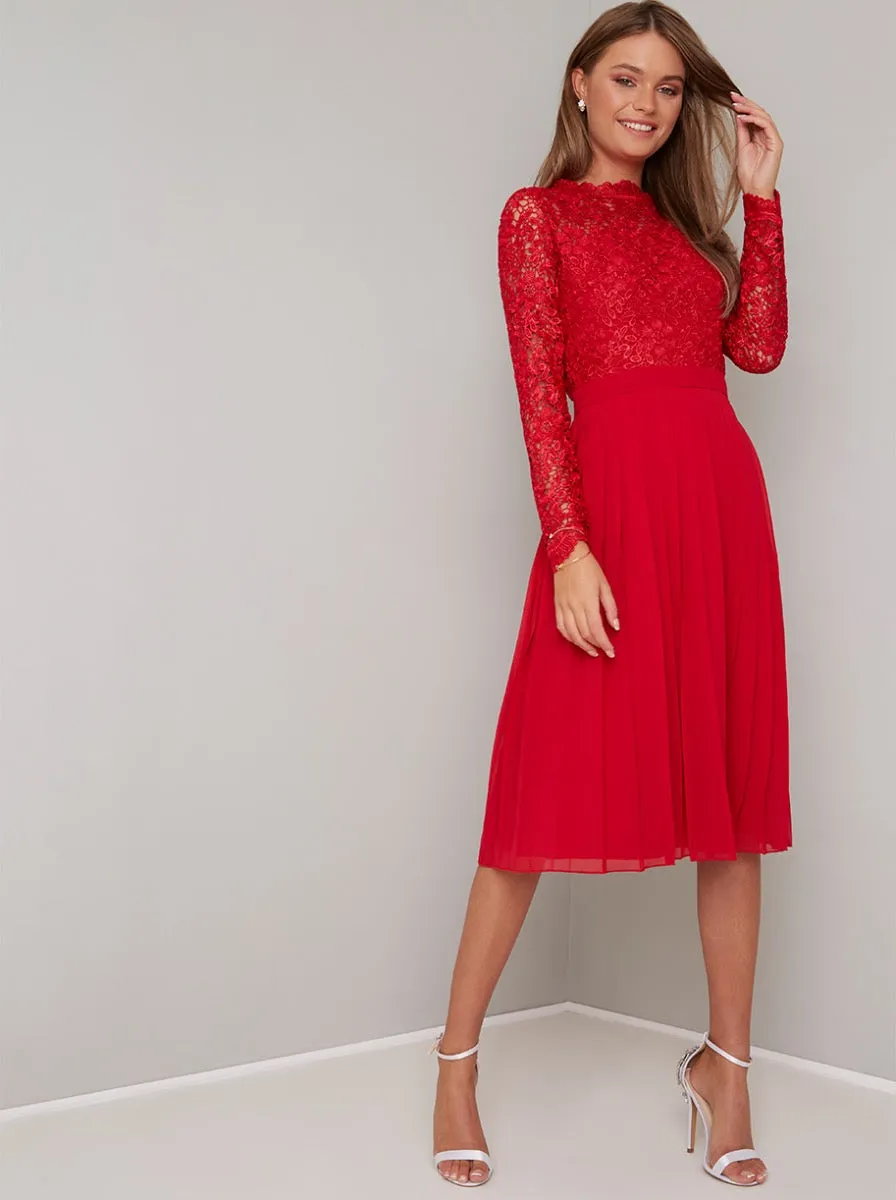 Lace Bodice Long Sleeve Midi Dress in Red sold by Chi Chi London