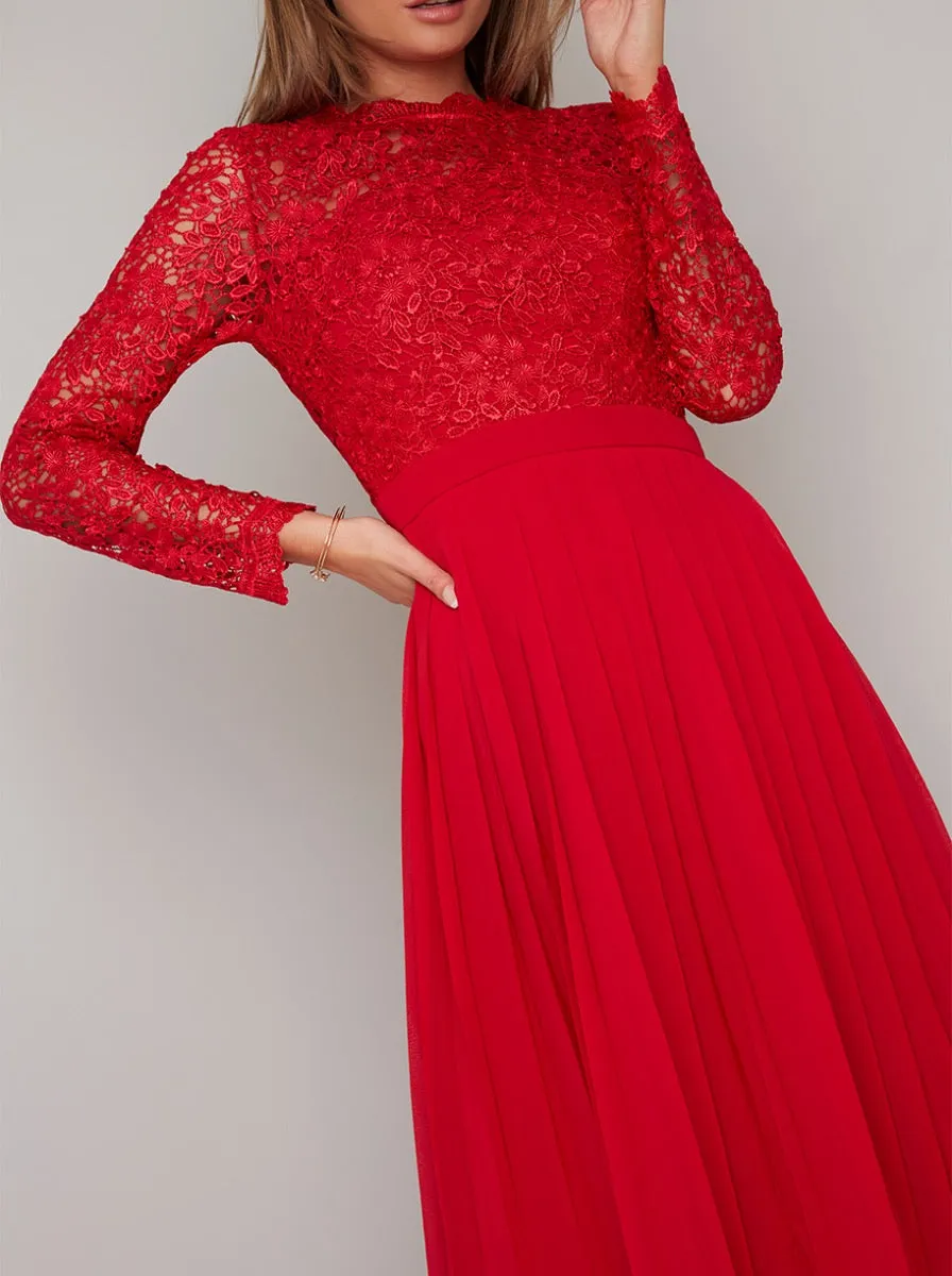 Lace Bodice Long Sleeve Midi Dress in Red sold by Chi Chi London product image thumbnail 2