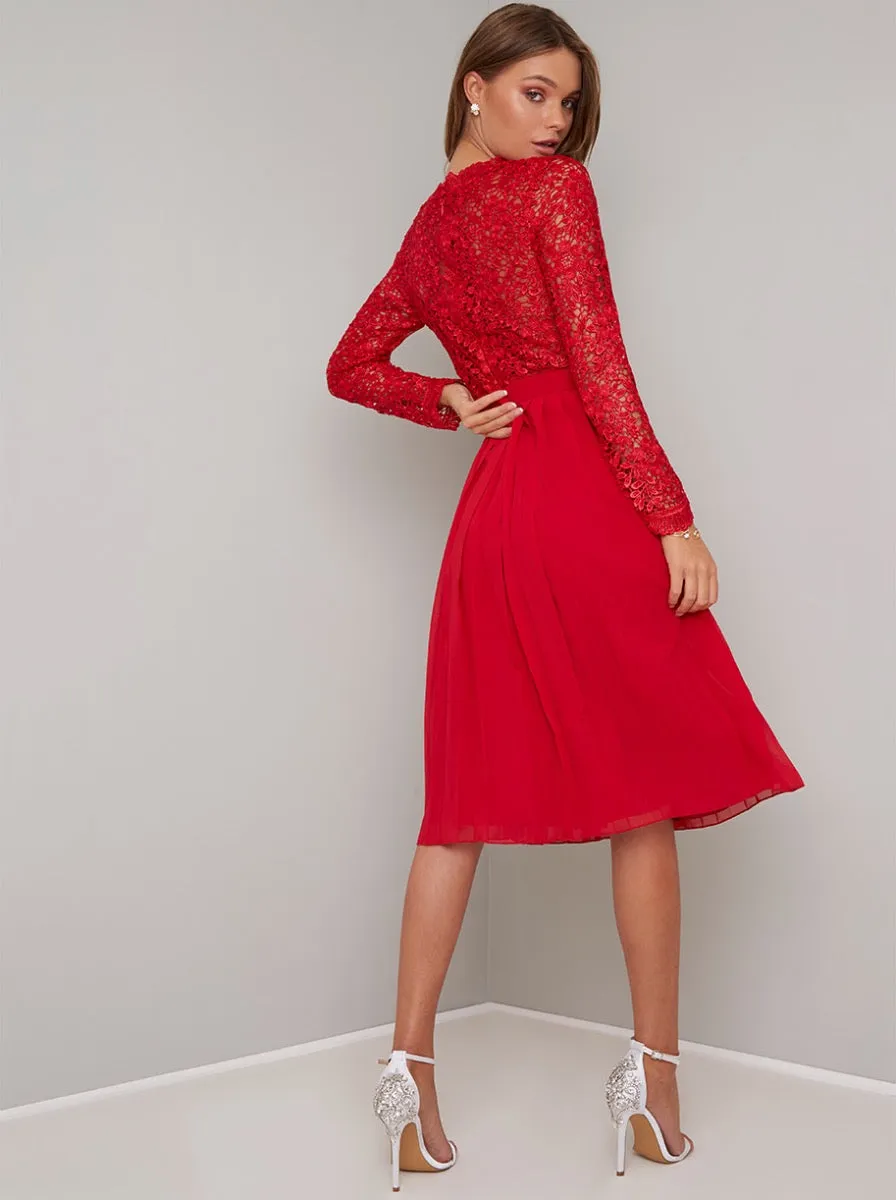 Lace Bodice Long Sleeve Midi Dress in Red sold by Chi Chi London product image thumbnail 3