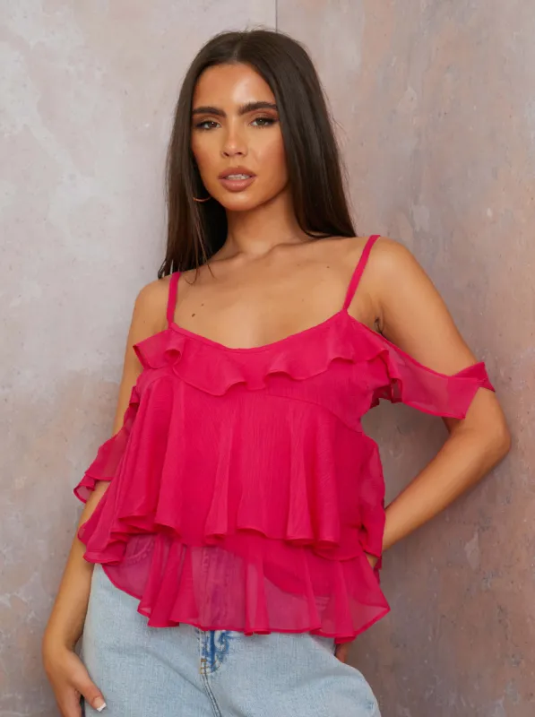 Asymmetric Ruffle Detail Top in Pink sold by Chi Chi London
