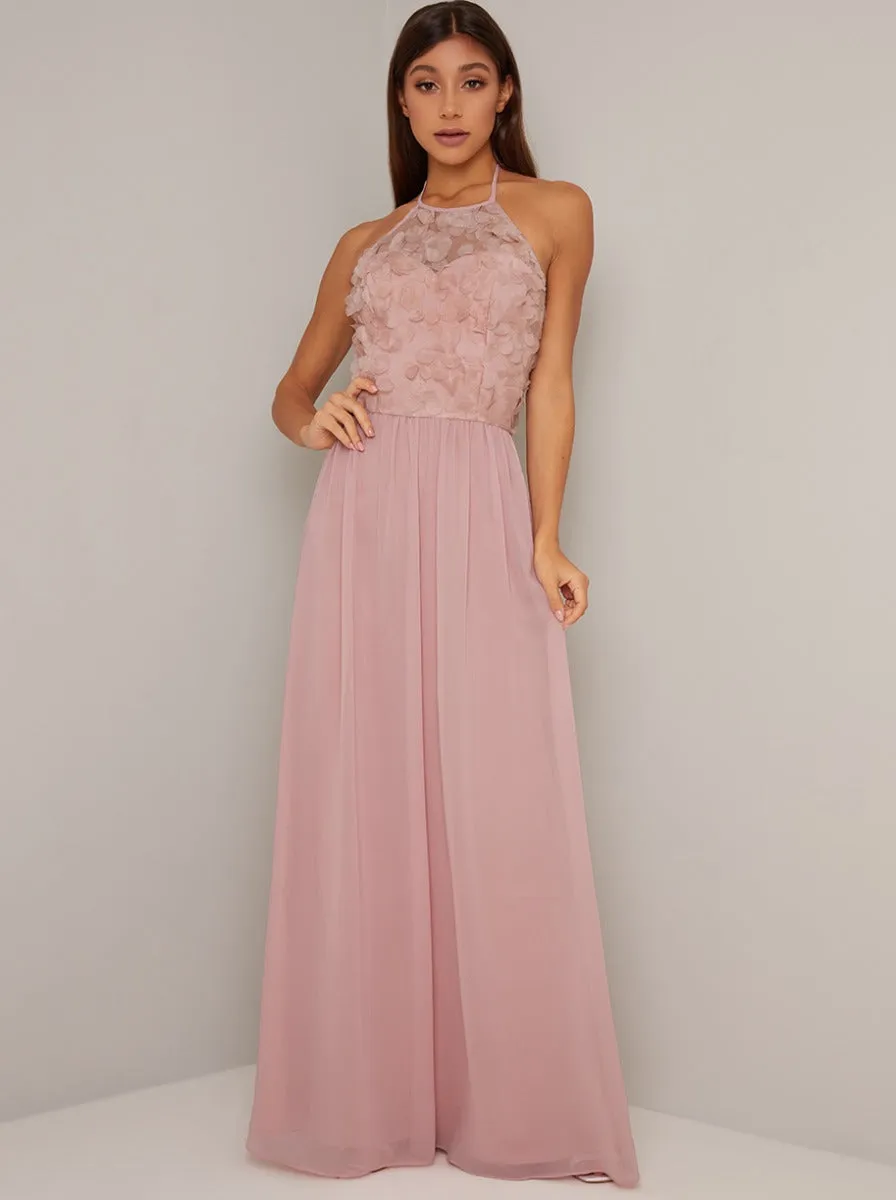 Halter Neck Floral 3D Bodice Maxi Dress in Pink sold by Chi Chi London