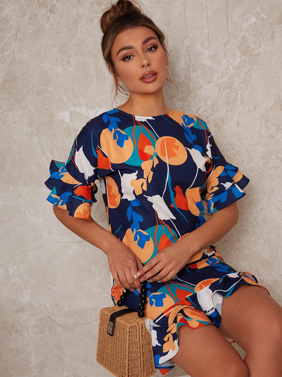 Abstract Print Ruffle Detail Mini Dress in Blue sold by Chi Chi London product image thumbnail 3
