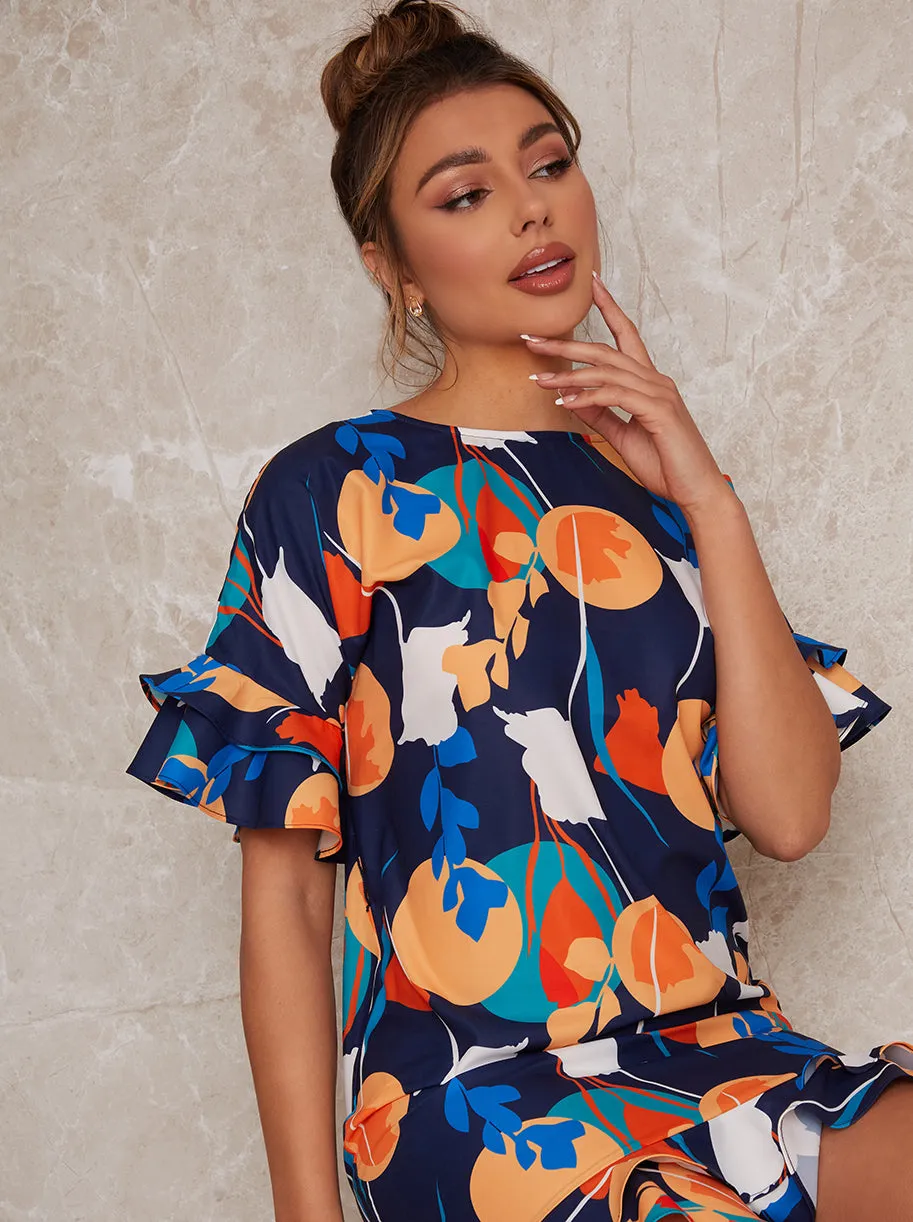 Abstract Print Ruffle Detail Mini Dress in Blue sold by Chi Chi London product image thumbnail 5
