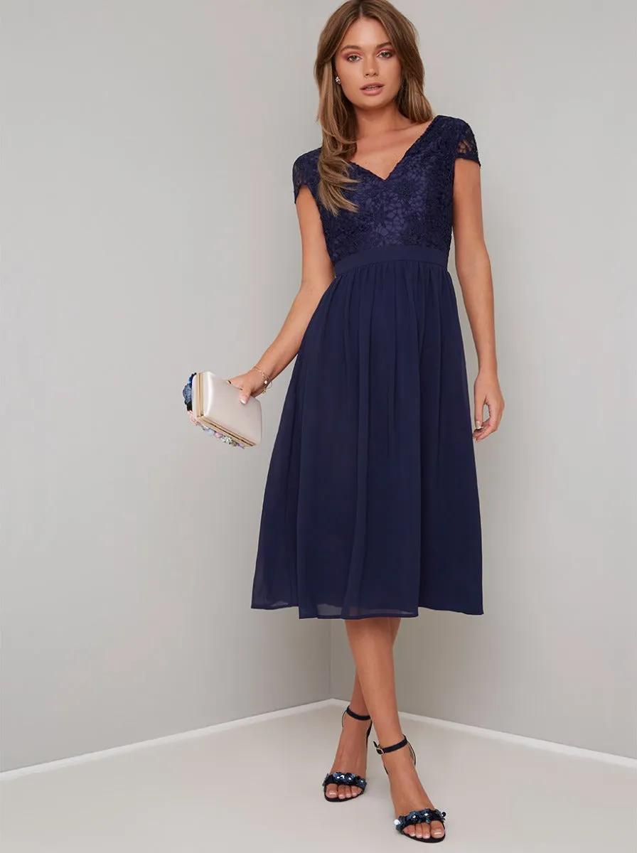 Floral Crochet Bodice Short Sleeve Midi Dress in Blue sold by Chi Chi London product image thumbnail 4