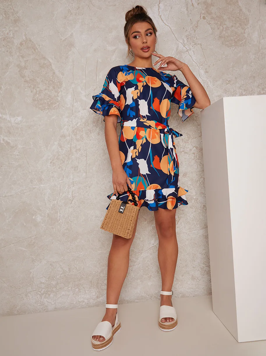 Abstract Print Ruffle Detail Mini Dress in Blue sold by Chi Chi London product image thumbnail 2