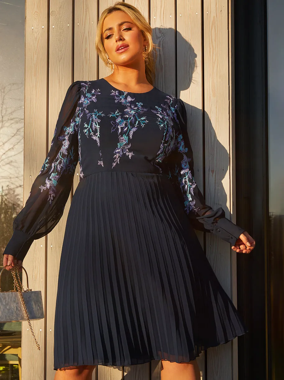 Plus Size Floral Embroidered Pleated Midi Dress in Navy sold by Chi Chi London