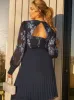 Plus Size Floral Embroidered Pleated Midi Dress in Navy sold by Chi Chi London