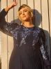 Plus Size Floral Embroidered Pleated Midi Dress in Navy sold by Chi Chi London