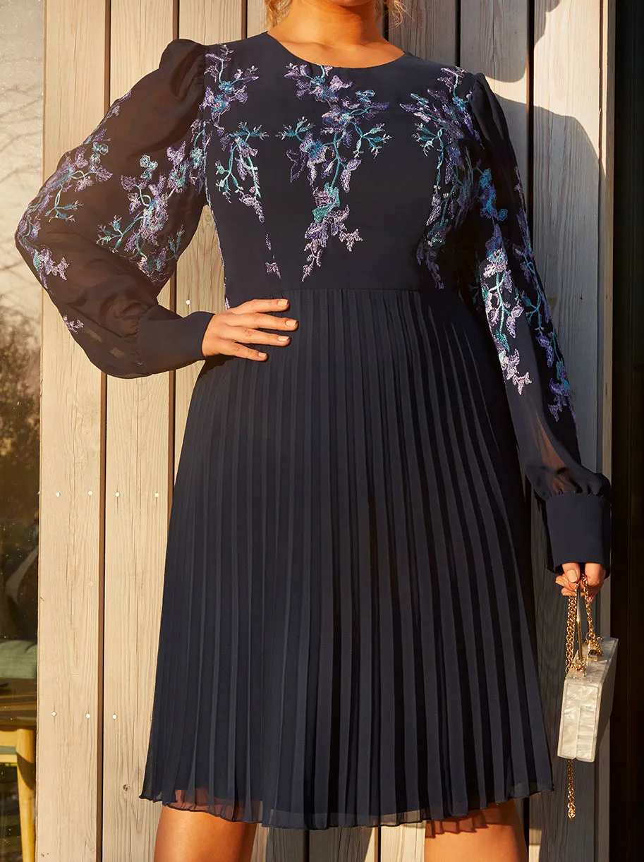 Plus Size Floral Embroidered Pleated Midi Dress in Navy sold by Chi Chi London product image thumbnail 3