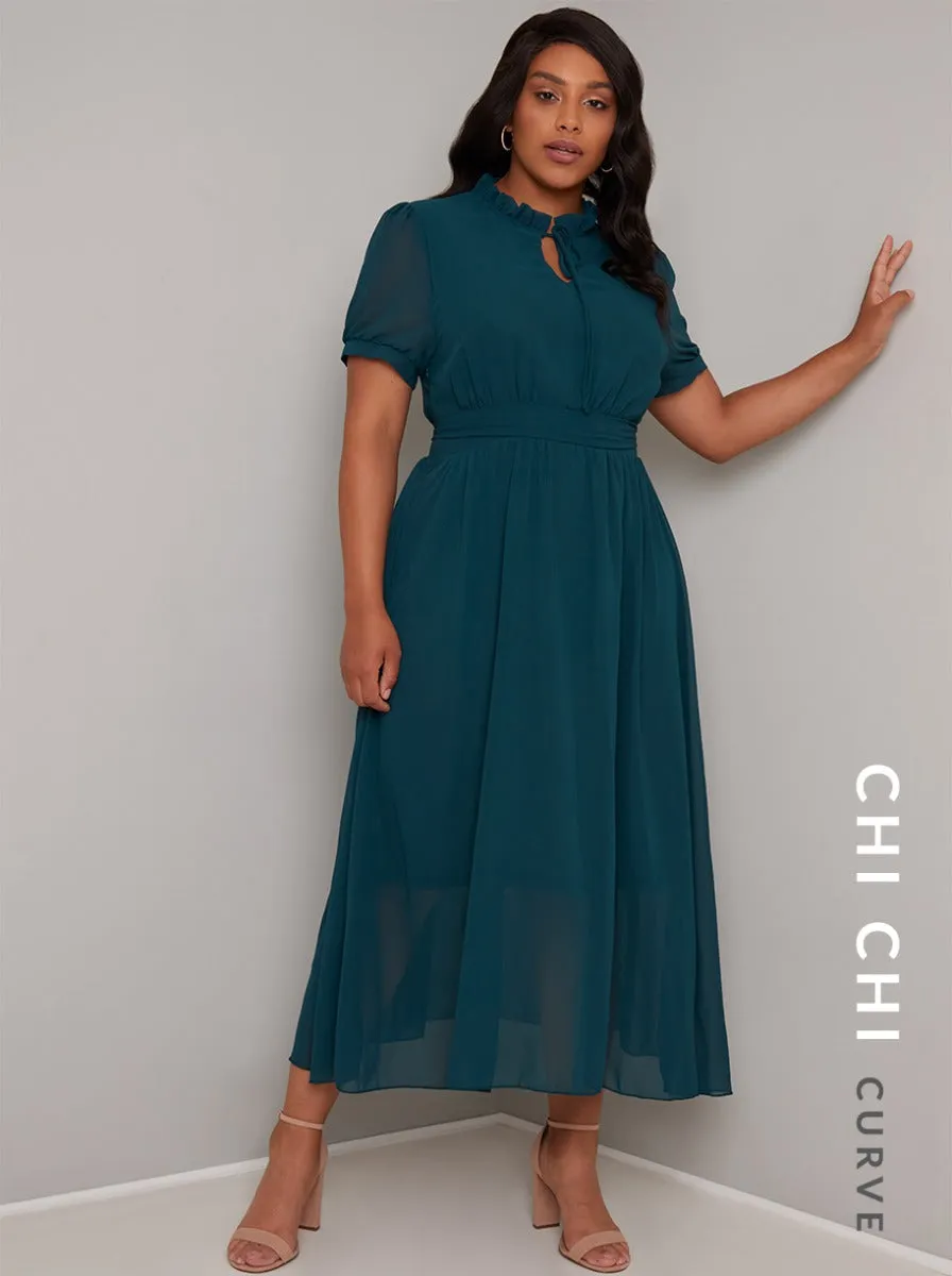 Plus Size Short Sleeved Belted Midi Dress in Green sold by Chi Chi London