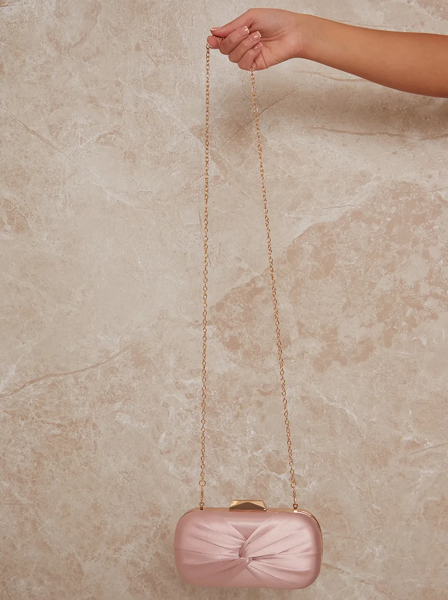 Knot Detail Satin Clutch Bag in Mink sold by Chi Chi London