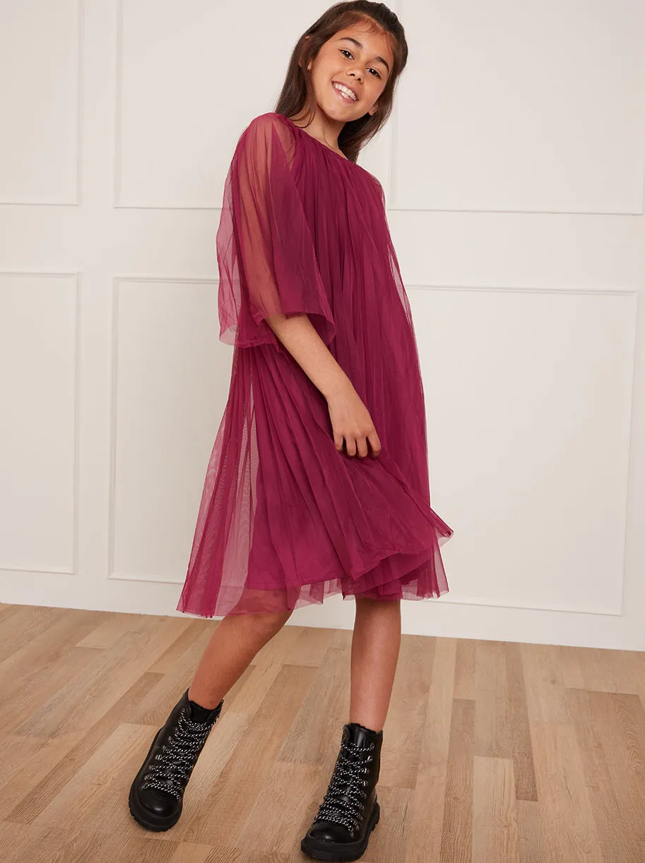 Older Girls Pleated Bell Sleeve Midi Dress in Purple sold by Chi Chi London