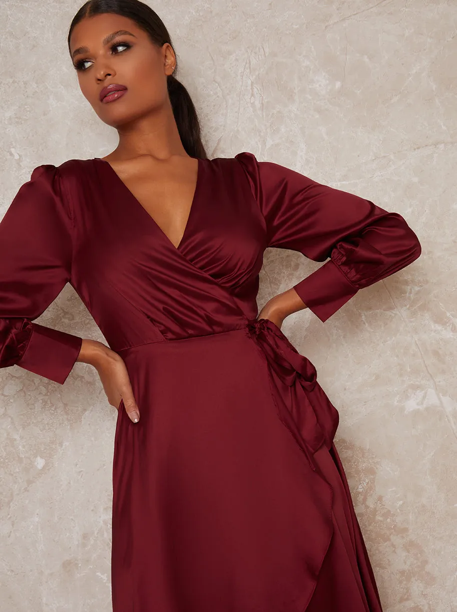 Satin Wrap Long Sleeve V-Neck Dress in Red sold by Chi Chi London product image thumbnail 2