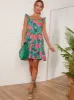 Ruffle Sleeve Floral Mini Dress in Green sold by Chi Chi London