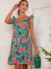 Ruffle Sleeve Floral Mini Dress in Green sold by Chi Chi London