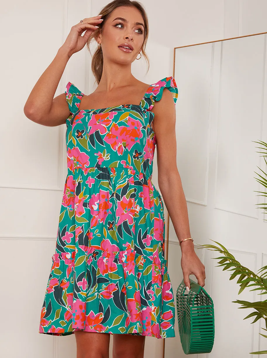 Ruffle Sleeve Floral Mini Dress in Green sold by Chi Chi London