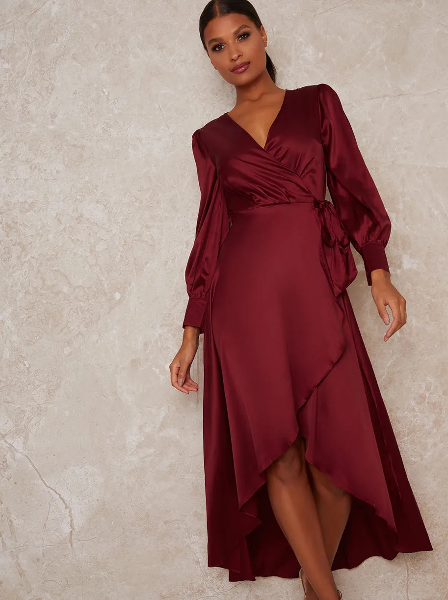 Satin Wrap Long Sleeve V-Neck Dress in Red sold by Chi Chi London