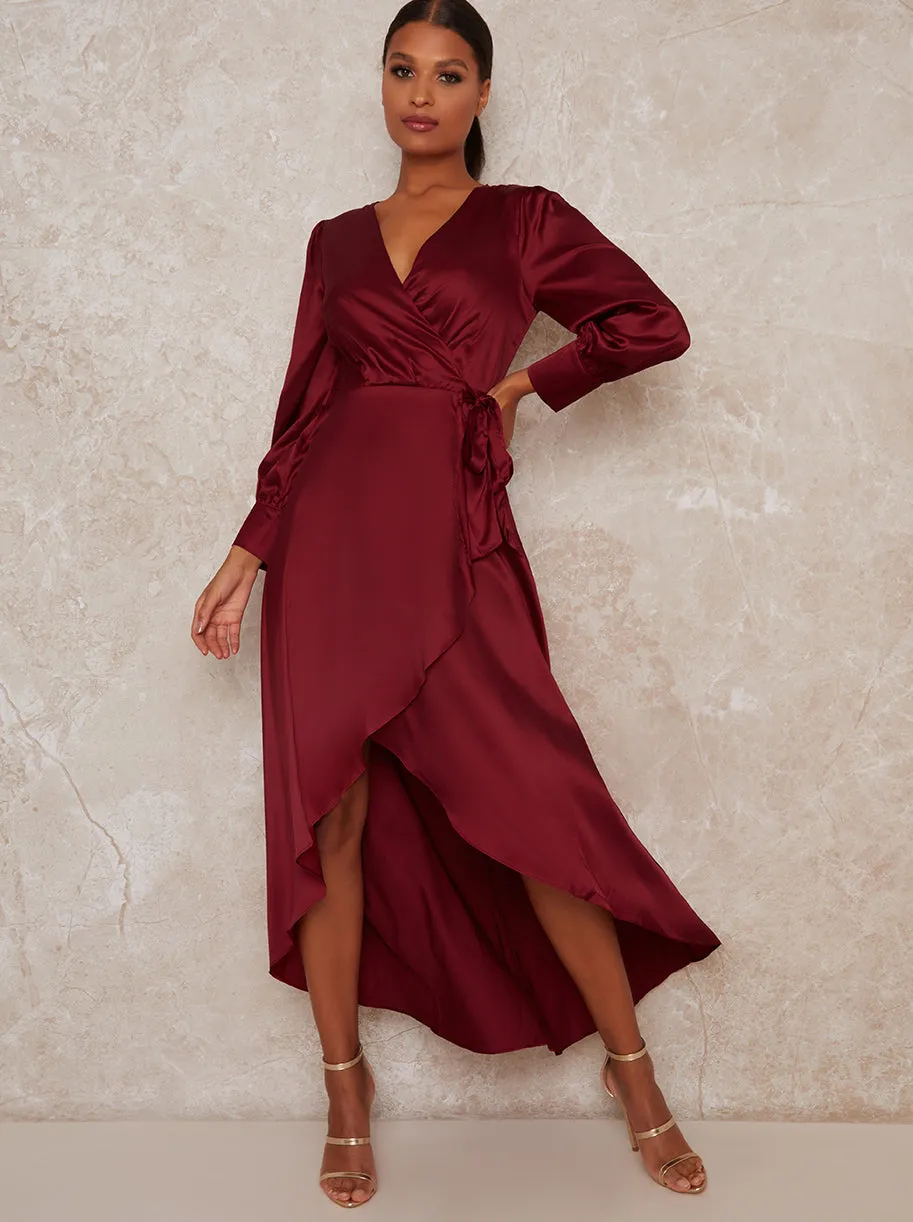 Satin Wrap Long Sleeve V-Neck Dress in Red sold by Chi Chi London product image thumbnail 3