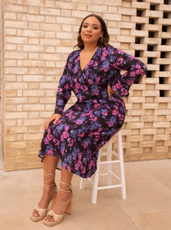 Plus Size Long Sleeve V Neck Floral Print Midi Dress in Black sold by Chi Chi London