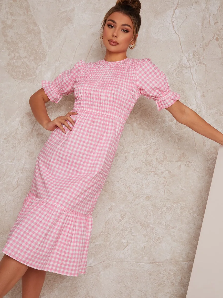 Gingham Midi Day Dress with Shirred Bodice in Pink sold by Chi Chi London product image thumbnail 2