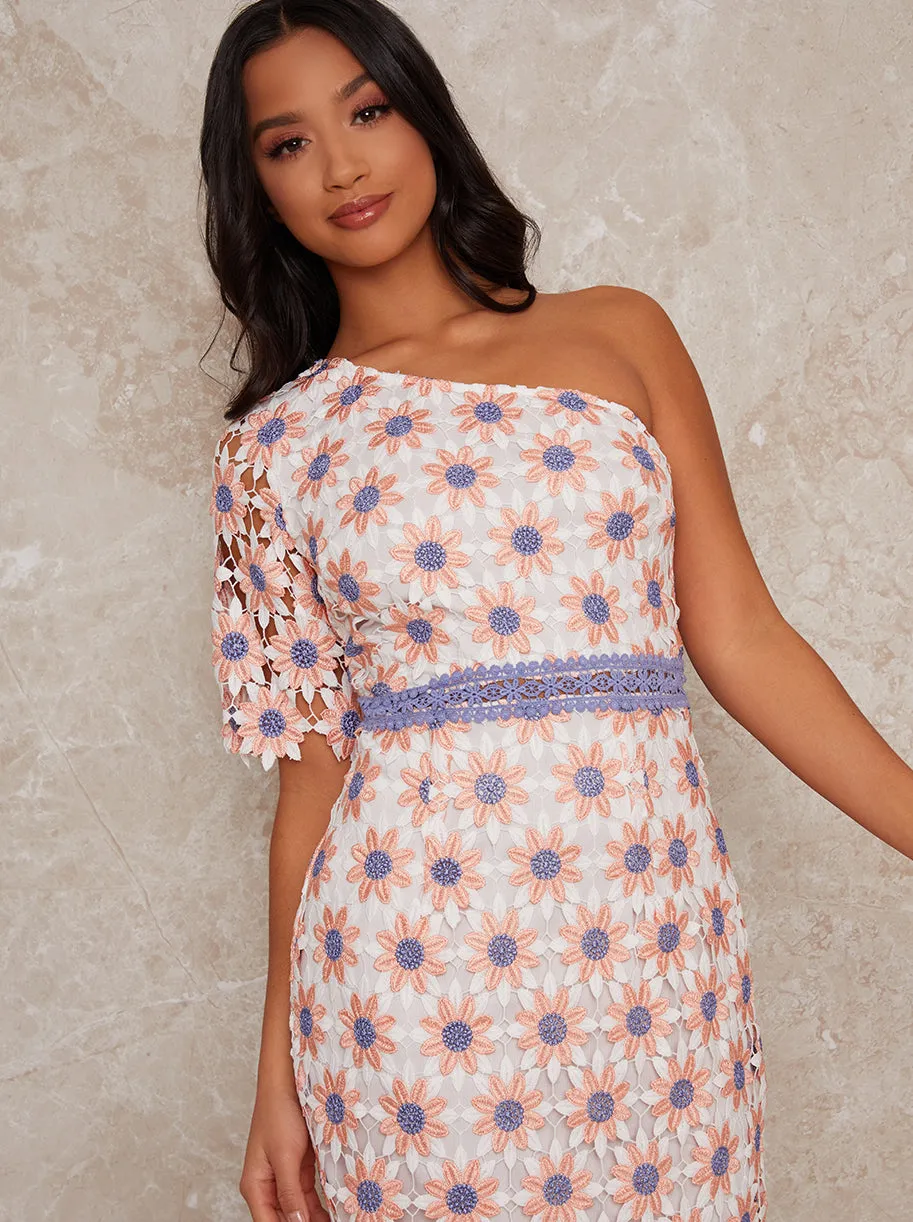 Petite Crochet A-Symmetric Midi Bodycon Dress in White sold by Chi Chi London product image thumbnail 3