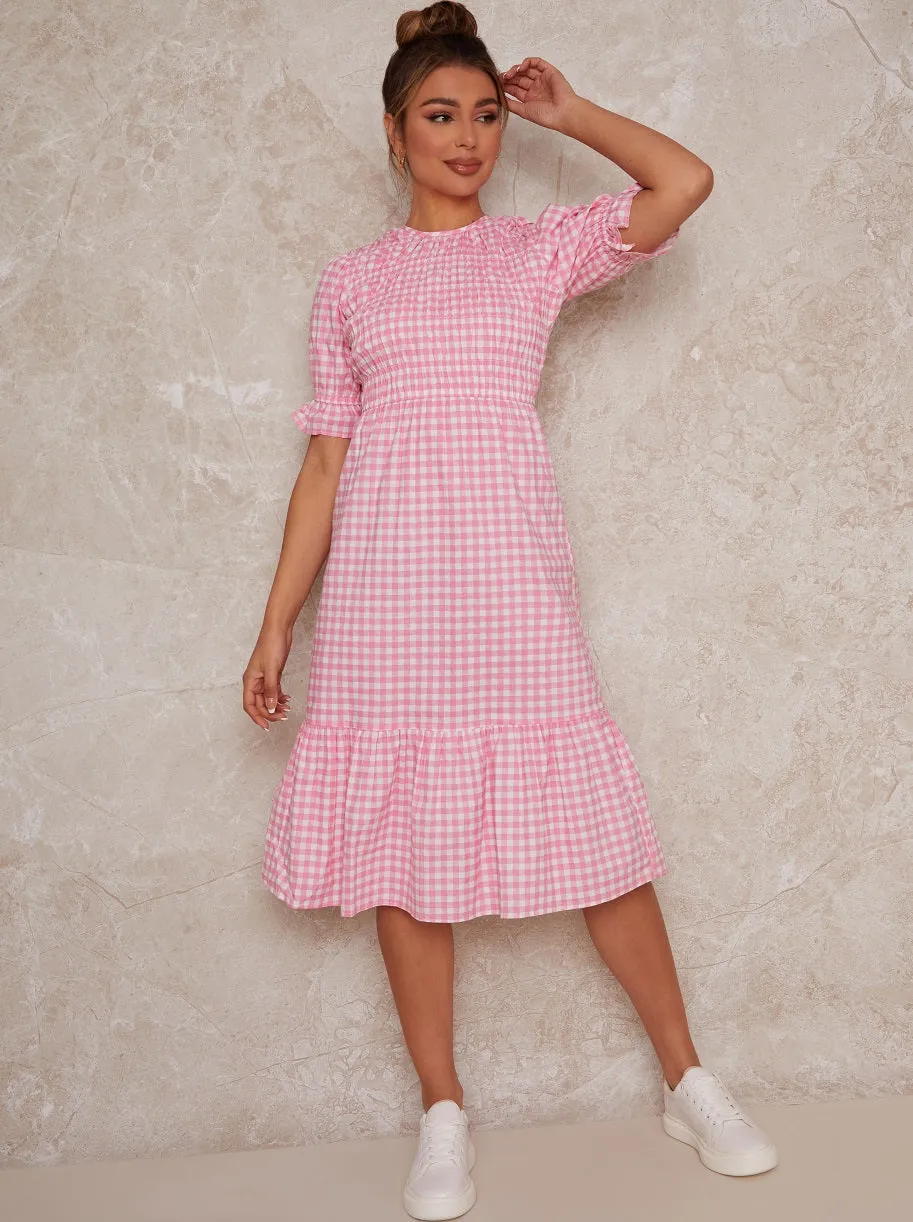 Gingham Midi Day Dress with Shirred Bodice in Pink sold by Chi Chi London product image thumbnail 3