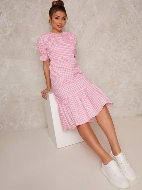 Gingham Midi Day Dress with Shirred Bodice in Pink sold by Chi Chi London