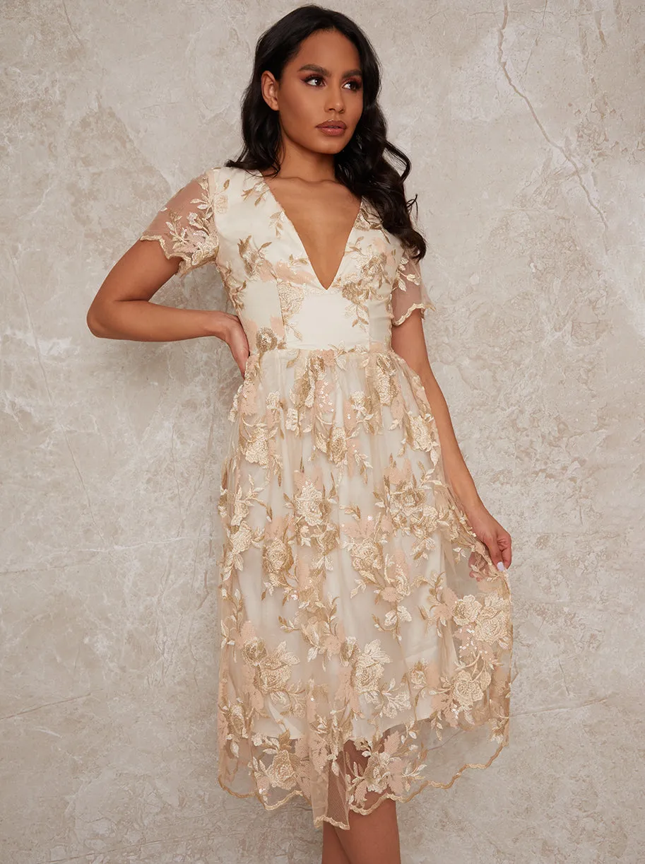 Lace Midi V Neck Midi Dress in Neutral sold by Chi Chi London