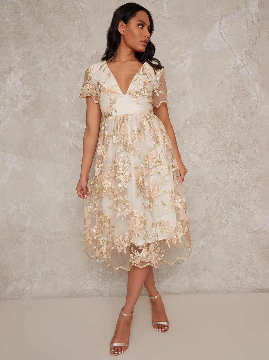 Lace Midi V Neck Midi Dress in Neutral sold by Chi Chi London product image thumbnail 2