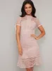 Short Sleeved Crochet Overlay Midi Dress in Pink sold by Chi Chi London