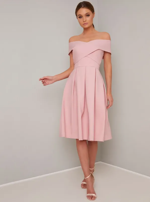 Fold Design Bardot Midi Dress in Pink sold by Chi Chi London