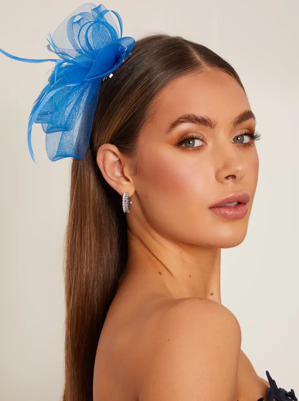 Mesh Feather Detail Fascinator in Blue sold by Chi Chi London