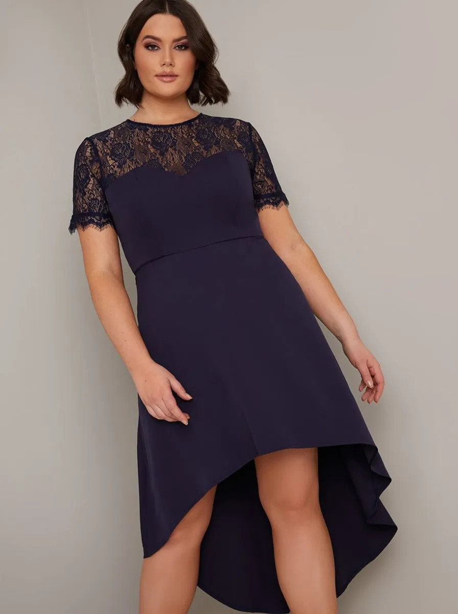 Plus Size Sheer Lace Bodice Dip Hem Midi Dress in Blue sold by Chi Chi London