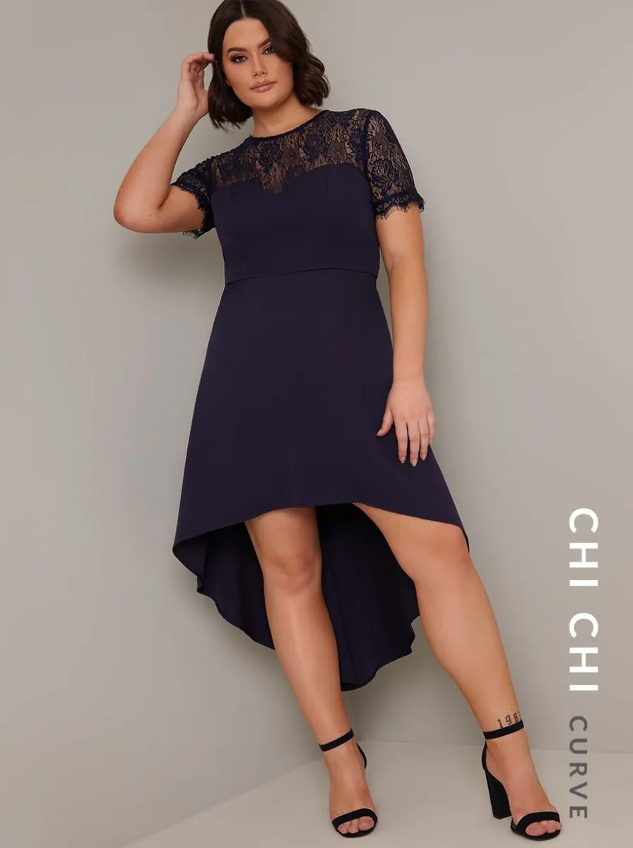 Plus Size Sheer Lace Bodice Dip Hem Midi Dress in Blue sold by Chi Chi London product image thumbnail 2