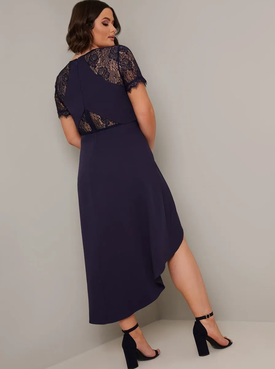 Plus Size Sheer Lace Bodice Dip Hem Midi Dress in Blue sold by Chi Chi London product image thumbnail 3