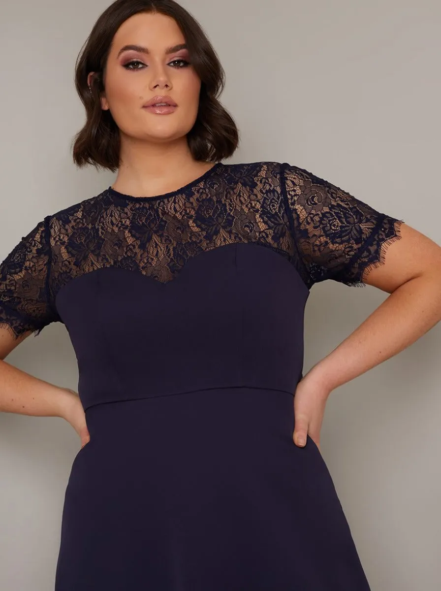 Plus Size Sheer Lace Bodice Dip Hem Midi Dress in Blue sold by Chi Chi London product image thumbnail 4