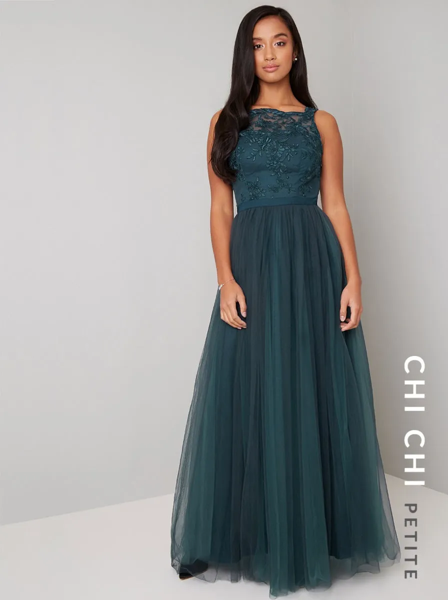 Petite Lace Bodice Tulle Maxi Dress in Green sold by Chi Chi London