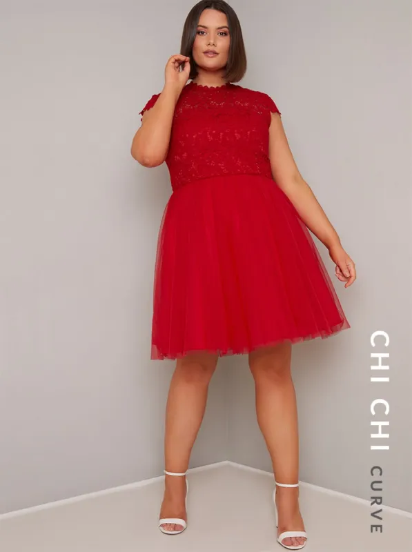 Plus Size Lace Bodice Tulle Midi Dress in Red sold by Chi Chi London