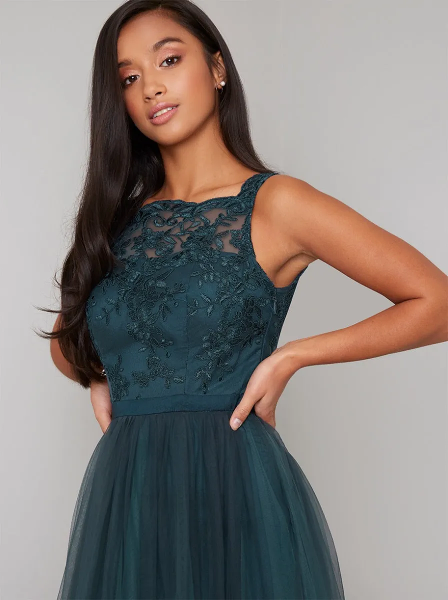 Petite Lace Bodice Tulle Maxi Dress in Green sold by Chi Chi London product image thumbnail 2