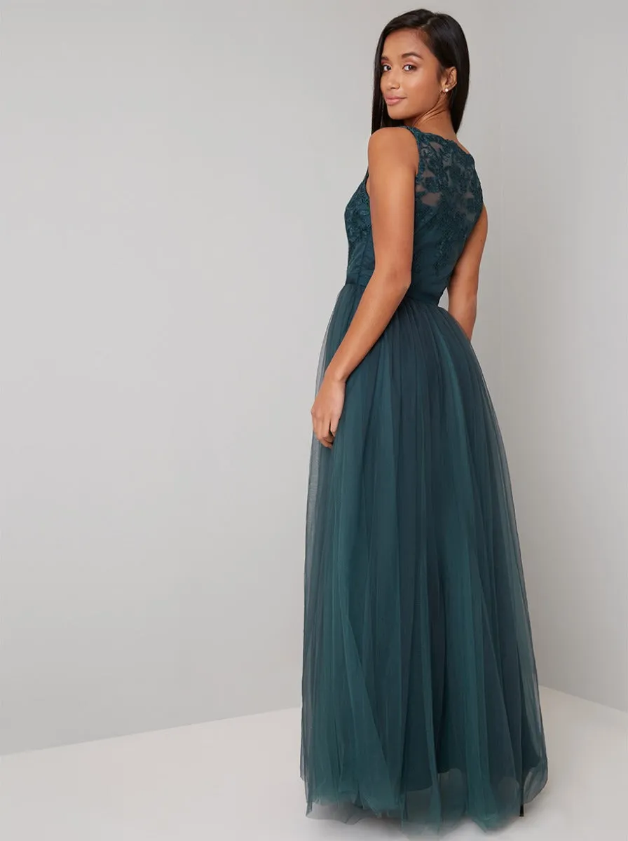Petite Lace Bodice Tulle Maxi Dress in Green sold by Chi Chi London product image thumbnail 3