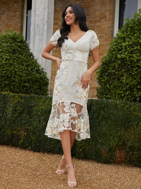 Embroidered Short Sleeve Midi Dress in Yellow sold by Chi Chi London
