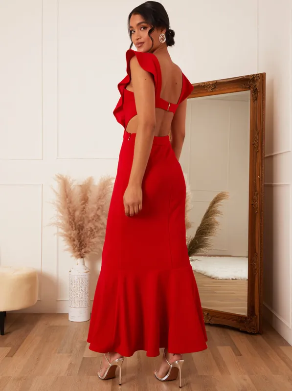 Ruffle Sleeve Cut Out Back Maxi Dress in Red sold by Chi Chi London
