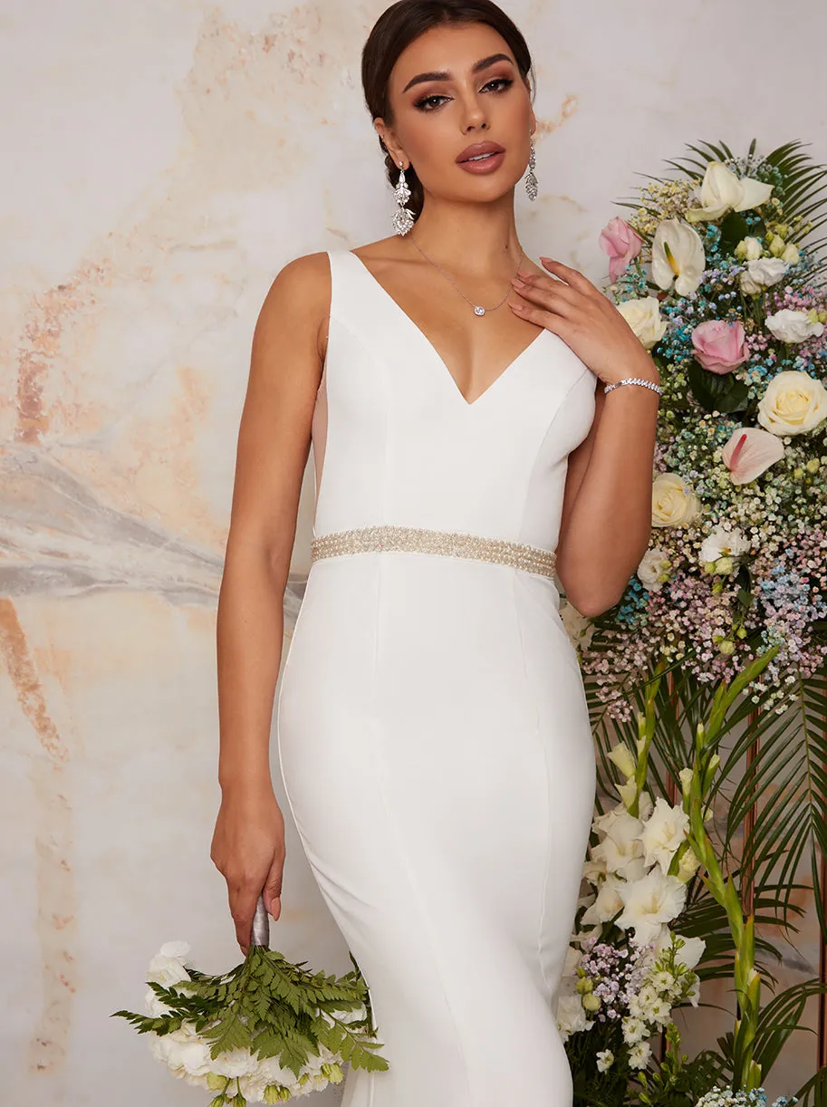 Sleeveless Plunge Wedding Dress with Embellishment in White sold by Chi Chi London product image thumbnail 4
