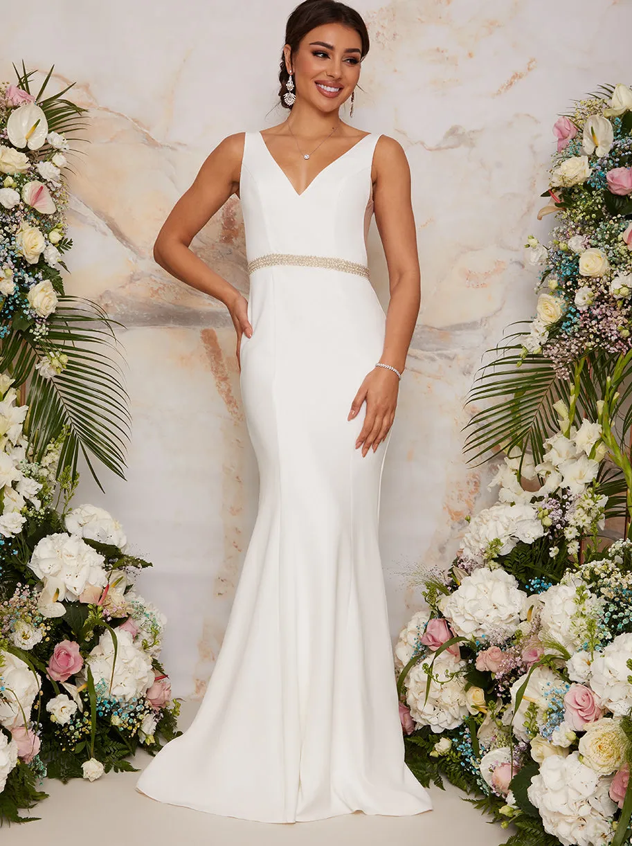 Sleeveless Plunge Wedding Dress with Embellishment in White sold by Chi Chi London product image thumbnail 3