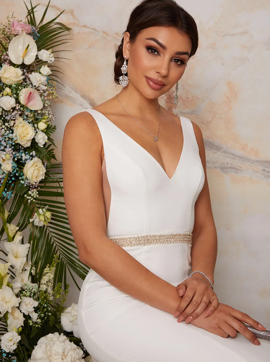 Sleeveless Plunge Wedding Dress with Embellishment in White sold by Chi Chi London product image thumbnail 2