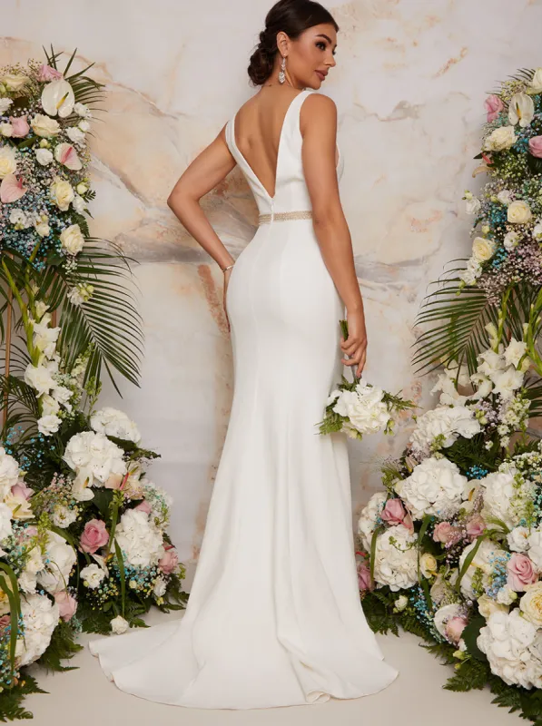 Sleeveless Plunge Wedding Dress with Embellishment in White made by Chi Chi London