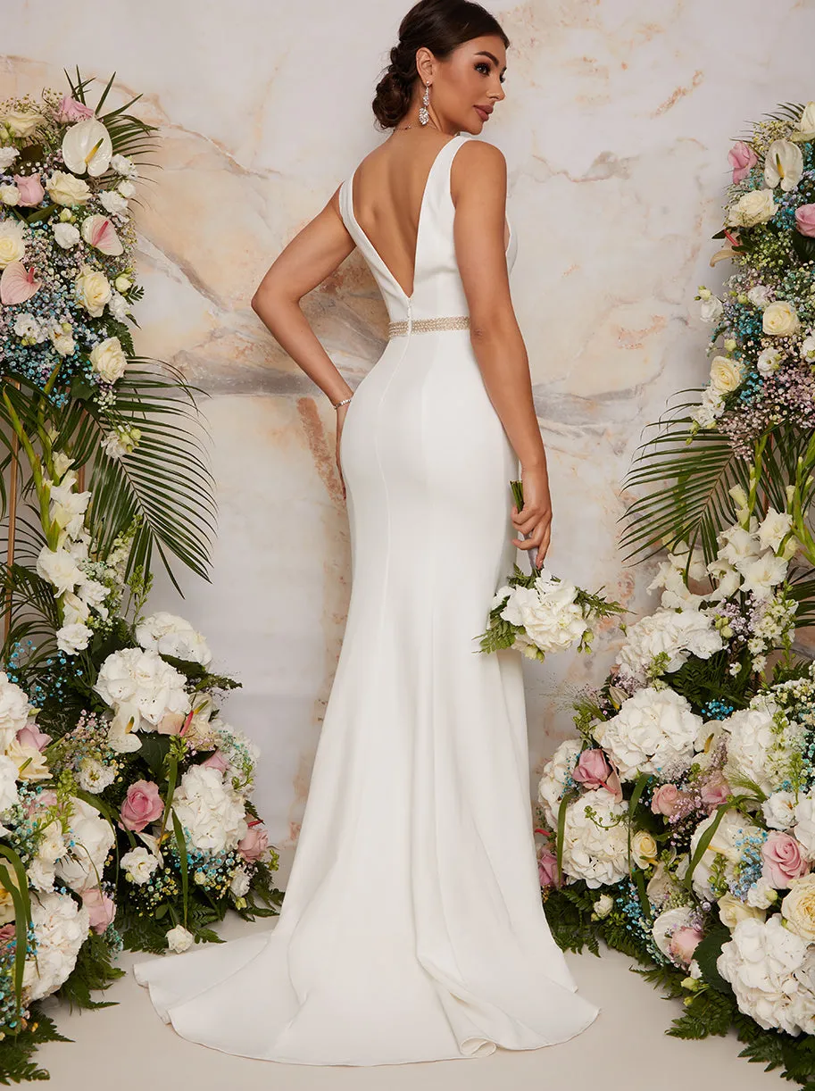 Sleeveless Plunge Wedding Dress with Embellishment in White sold by Chi Chi London