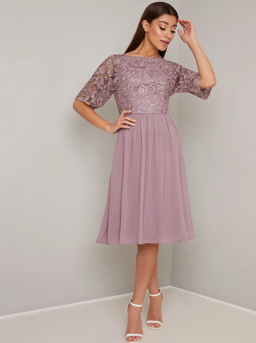 Floral Crochet Bodice Midi Dress in Pink sold by Chi Chi London