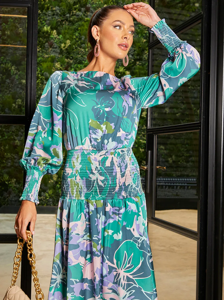 Long Sleeve Floral Abstract Print Midi Dress in Green sold by Chi Chi London product image thumbnail 2